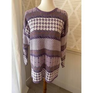 Woods & Gray Large Vintage Purple Floral Houndstooth Chunky Mix Pullover Sweater